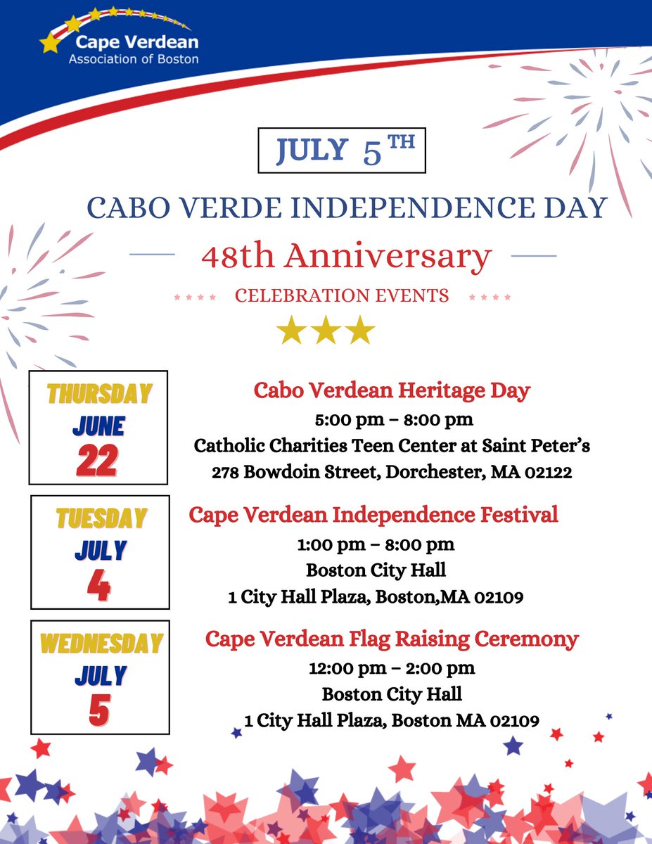 Onscapeverdean's tweet photo. Happy 4th of July!!

Please join us at City Hall today, celebrating culture and freedom. Tomorrow the Cape Verdean Flag will also be raised for CV Independence Day 🎊 https://t.co/BMEQZCIswQ