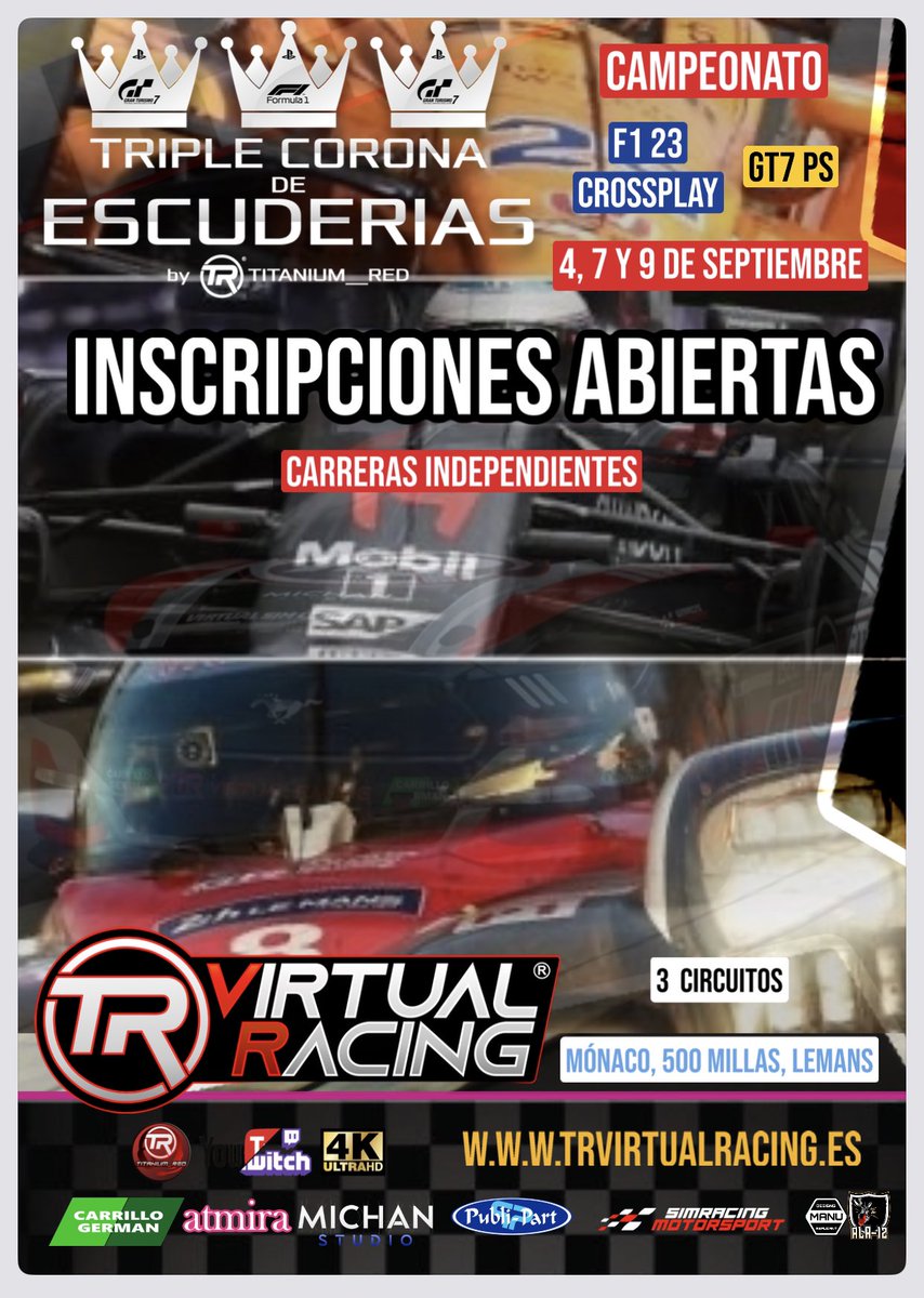Empiezan a llegar las Primeras inscripciones a la #TripleCoronaTR en septiembre… 3 carreras independientes en dos simuladores distintos para conseguir lo que <a href="/alo_oficial/">Fernando Alonso</a>  tiene en mente. Compite en Mónaco, oval y LeMans y guarda el histórico de los resultados. 5 edición