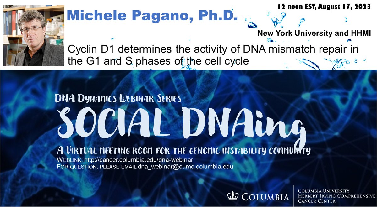 Thanks Sven @RottenbergSven for a brilliant talk. Social DNAing is back to New York. Dr. Michele Pagano @paganolab from #NYU and #HHMI will take us to explore the role Cyclin D1 in repair. Sign up at cancer.columbia.edu/research/progr…