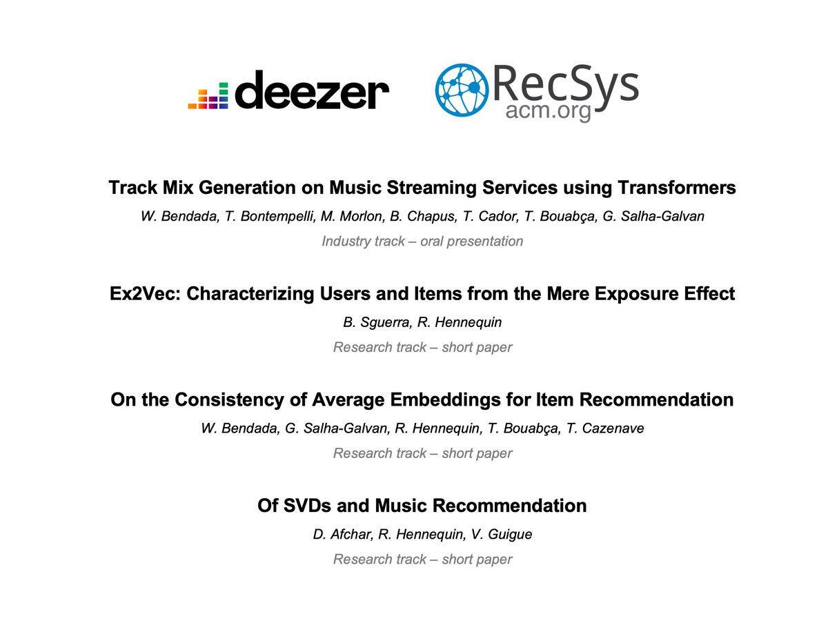 1, 2, 3,... 4! 😮Four papers involving <a href="/Deezer/">Deezer</a> researchers and engineers will be presented at the #RecSys2023 conference. Congratulations to all! 👏 

Papers and source codes will be available online soon.