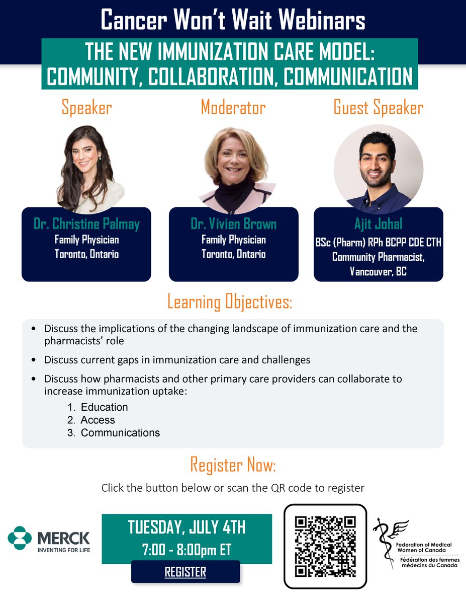 FMWCanada's tweet photo. Reminder to join us today, July 4th at 7pm ET for our next Cancer Won't Wait Webinar: The New Immunization Care Model - Community, Collaboration, Communication. Hope to see you there! Register at https://t.co/Lx4oPc153C https://t.co/aiR35ovRlo