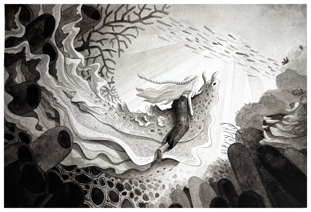 chrissycurtin's tweet photo. This painting has been in the works since September last year when I did @artclubie ‘s prompt ‘The Sea’ &amp; wanted to develop the idea. So here it is...a bountiful underwater scene of this water dwelling character, adventuring with her majestic sea-slug friend. https://t.co/UEUt4IjRas