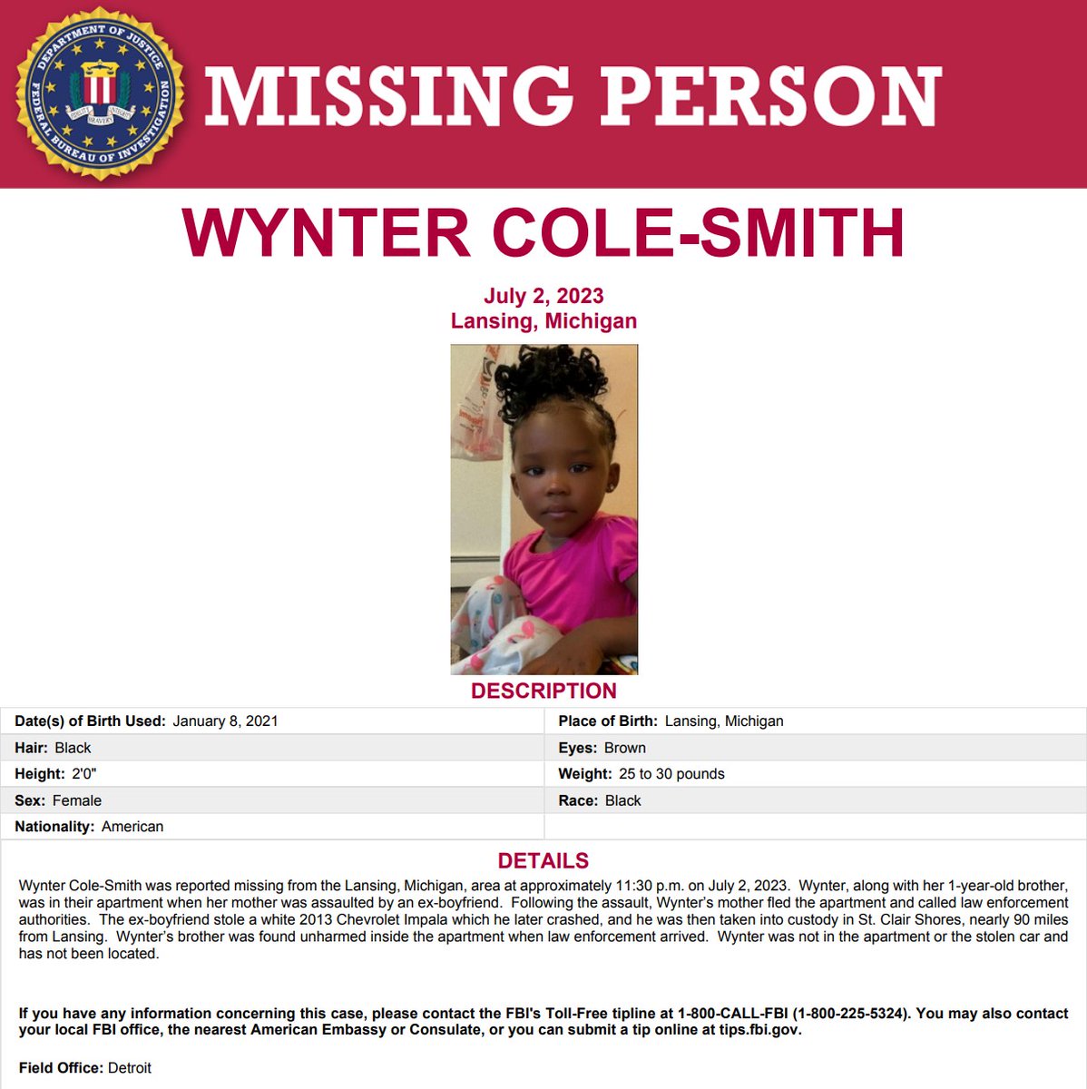 The #FBI is seeking the public's assistance in locating missing two-year-old Wynter Cole-Smith. If you have any information concerning this case, please contact the FBI's tipline at 1-800-CALL-FBI or submit tips at tips.fbi.gov. fbi.gov/wanted/kidnap/…