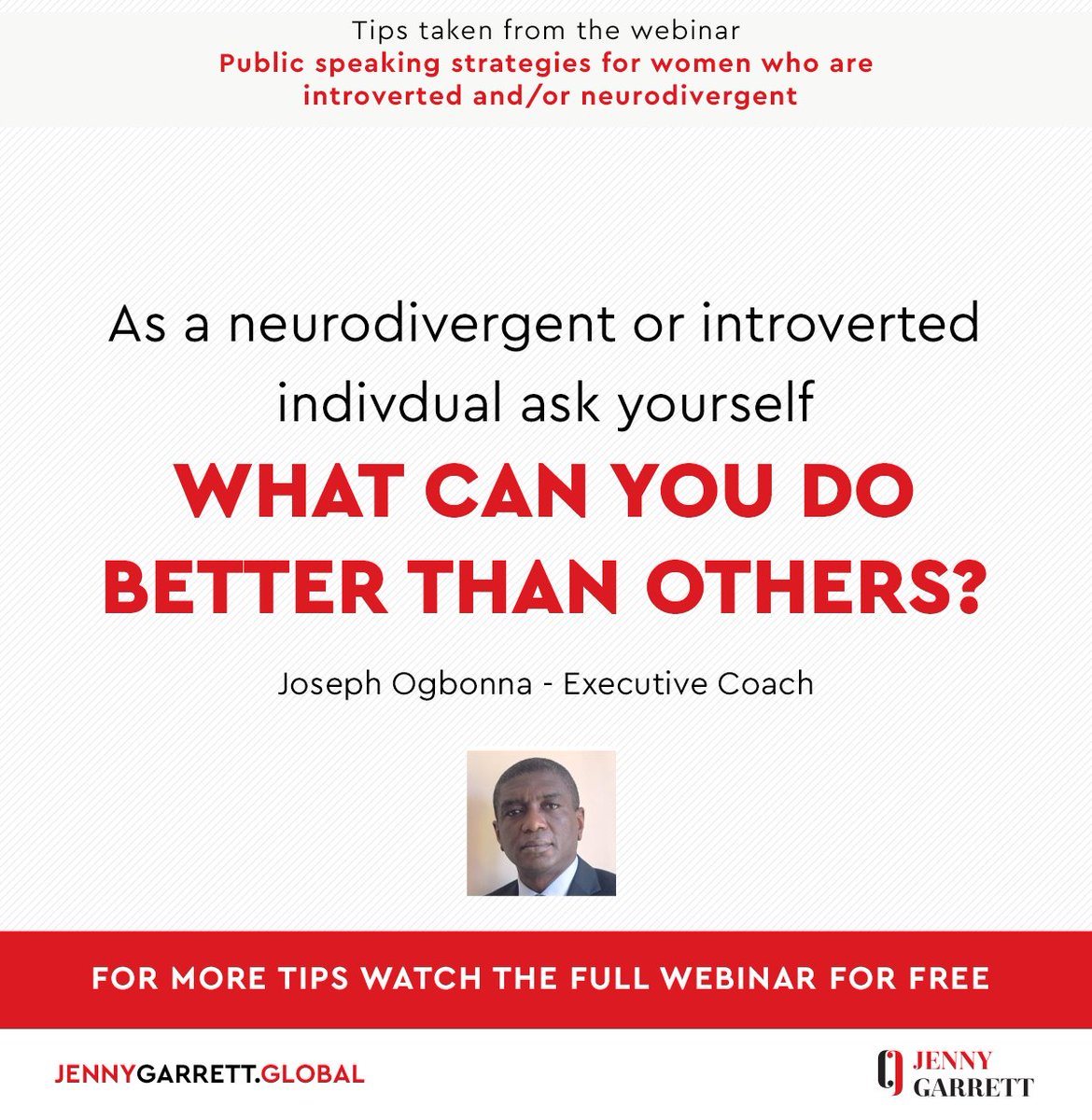 If you identifiy as #neurodivergent or #introverted - don't let that hold you back from #PublicSpeaking. Take Joseph Ogbonna's #toptip and turn your expertise into a strentgh. Missed the #webinar? Watch a recording here: shorturl.at/ctV56
#coaching #confidencebuilding