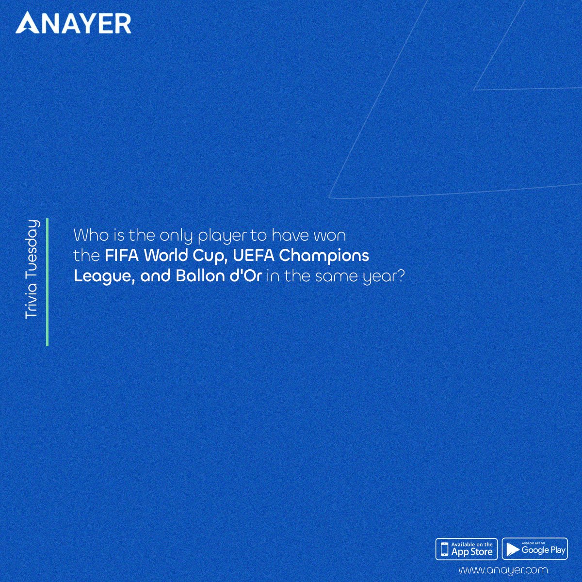 AnayerApp's tweet photo. Tuesday Trivia is here to test your passion for the game!
#AnayerApp #TuesdayTrival
FIFA World Cup
UEFA Champions League
Ballon d'Or
iPhone 15
#4thofJuly
Johnny Drille
Hilda https://t.co/ZaBfWtsFUz