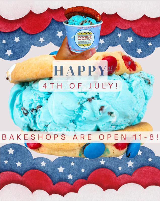 Hey Cookie! Are you ready to add some extra sweetness to your 4th of July? Our bakeshops are open from 11-8, so swing by &amp; grab some of our delicious cookies! We've got them in festive red, white, &amp; blue to really add some patriotic flair to your party.

thecookiemonstah.com