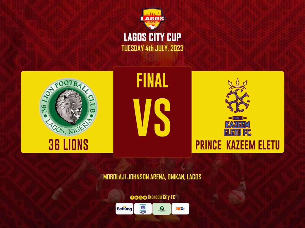 OFFICIAL📍📍

Prince Kazeem Eletu FC are in the final of the maiden edition of the <a href="/LagosCityCup/">Lagos City Cup</a> after an hard fought 1-0 win over FuturePro.

Eletu &amp; <a href="/36lionfc/">36Lion Fc</a> will go head to head in the final match by 4:30pm at the MJ Arena, Onikan

#LagosCityATSJCup23
#BarcelonaXIkoroduCityFC