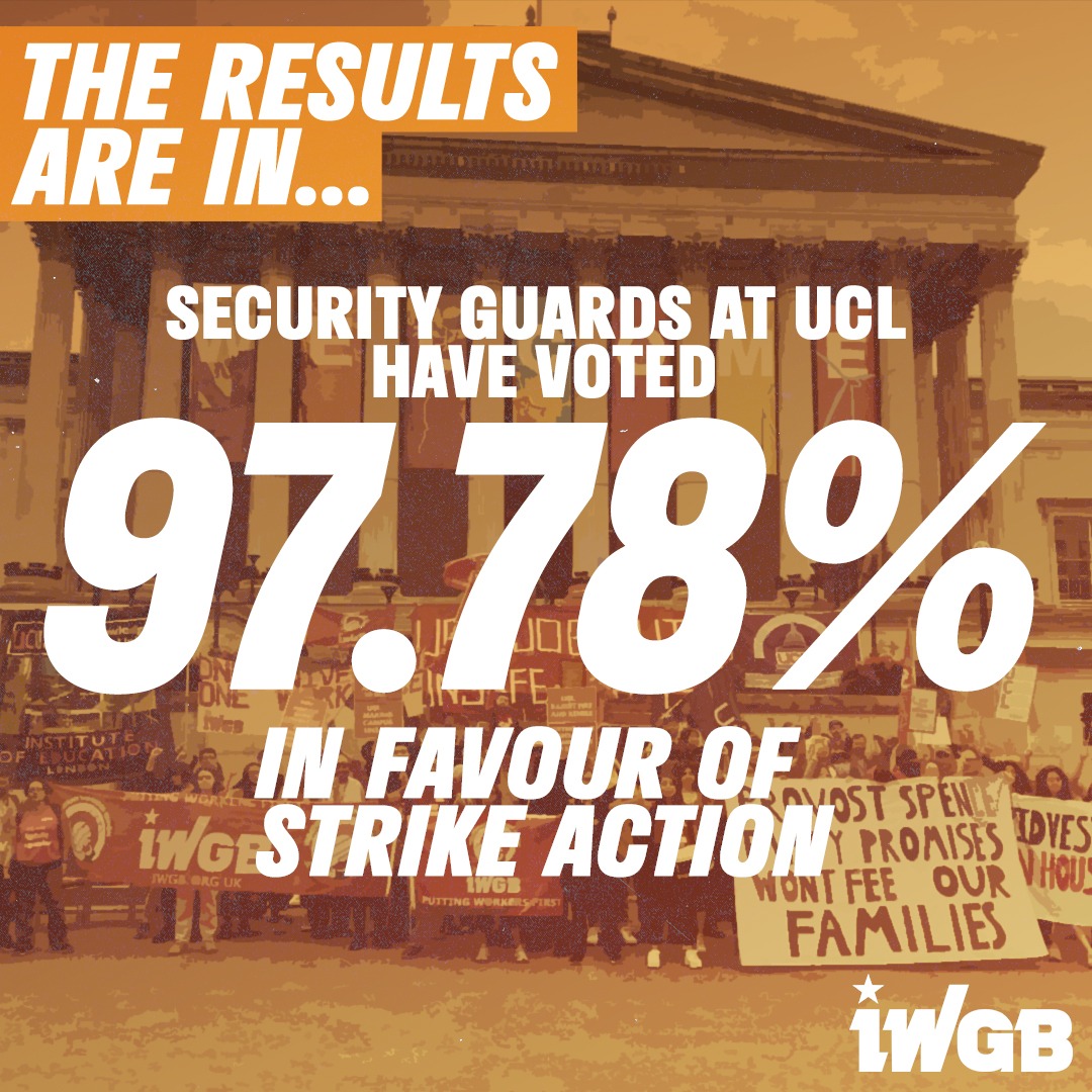 🚨 BREAKING NEWS: IWGB MEMBERS AT @UCL VOTE TO STRIKE

IWGB members at have voted nearly 98%, on a 70% turnout, to take strike action against redundancies and the fire-and-rehire of all 256 security guards at UCL.

Keep your eyes peeled for strike dates very soon 👀