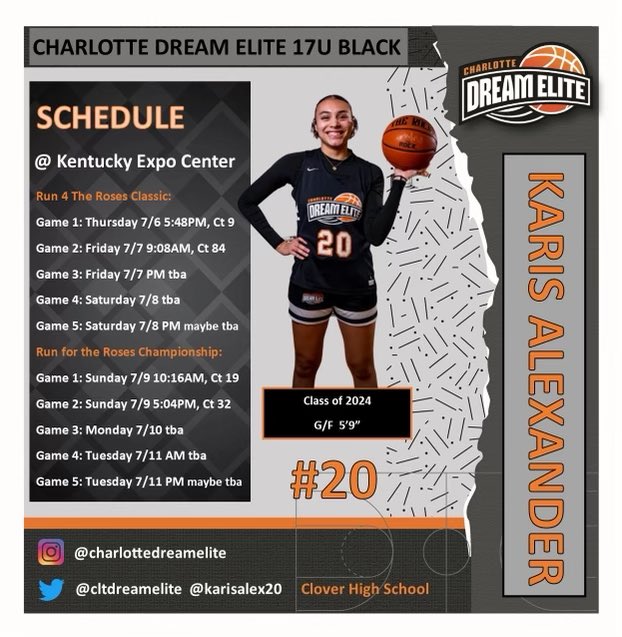 karis alexander (@karisalex20) on Twitter photo Looking forward to playing in <a href="/TFNsRun4Roses/">TFN's Run 4 Roses</a> with <a href="/CltDreamElite/">CharlotteDreamElite</a> !! Coaches come check us out !! Looking forward to playing in <a href="/TFNsRun4Roses/">TFN's Run 4 Roses</a> with <a href="/CltDreamElite/">CharlotteDreamElite</a> !! Coaches come check us out !!