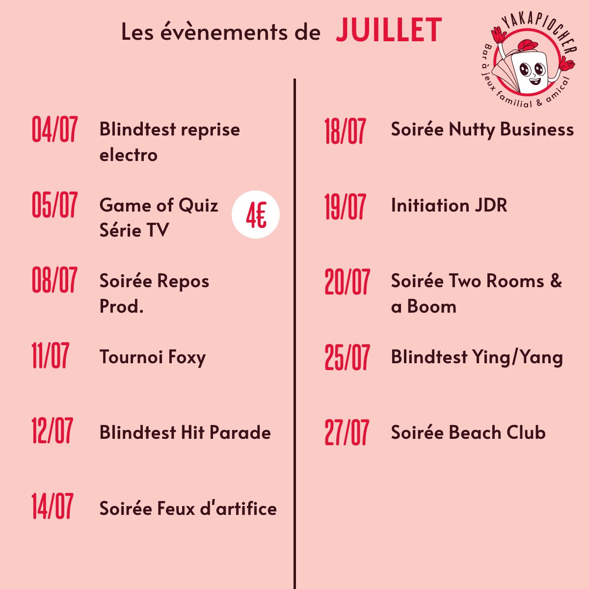 En juillet, on est toujours à fond. Voici le programme !
#quiz #cafeludique #lyon #jeudesociete #barajeux #bar