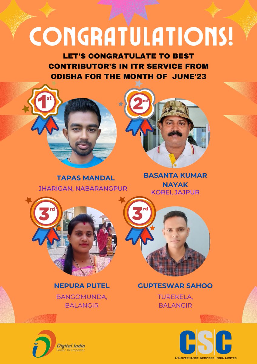 Congratulations to the top performer in ITR services for the month of June 2023, hope you all will achieve more in this last month of ITR Filing. 
<a href="/ceo_csc/">CEO_CSC e-Governance</a> <a href="/OdishaSpv/">CSC SPV Odisha</a> <a href="/CSCegov_/">CSCeGov</a> <a href="/SwornaprabhaSi1/">Swornaprabha Singh</a> <a href="/madanmohanrout/">Madan Mohan Rout</a> <a href="/debayudha/">Debayudha Mishra</a> <a href="/DillipDash2021/">Dillip Kumar Dash</a> <a href="/subhendupandia/">Subhendu Kumar Pandia</a>