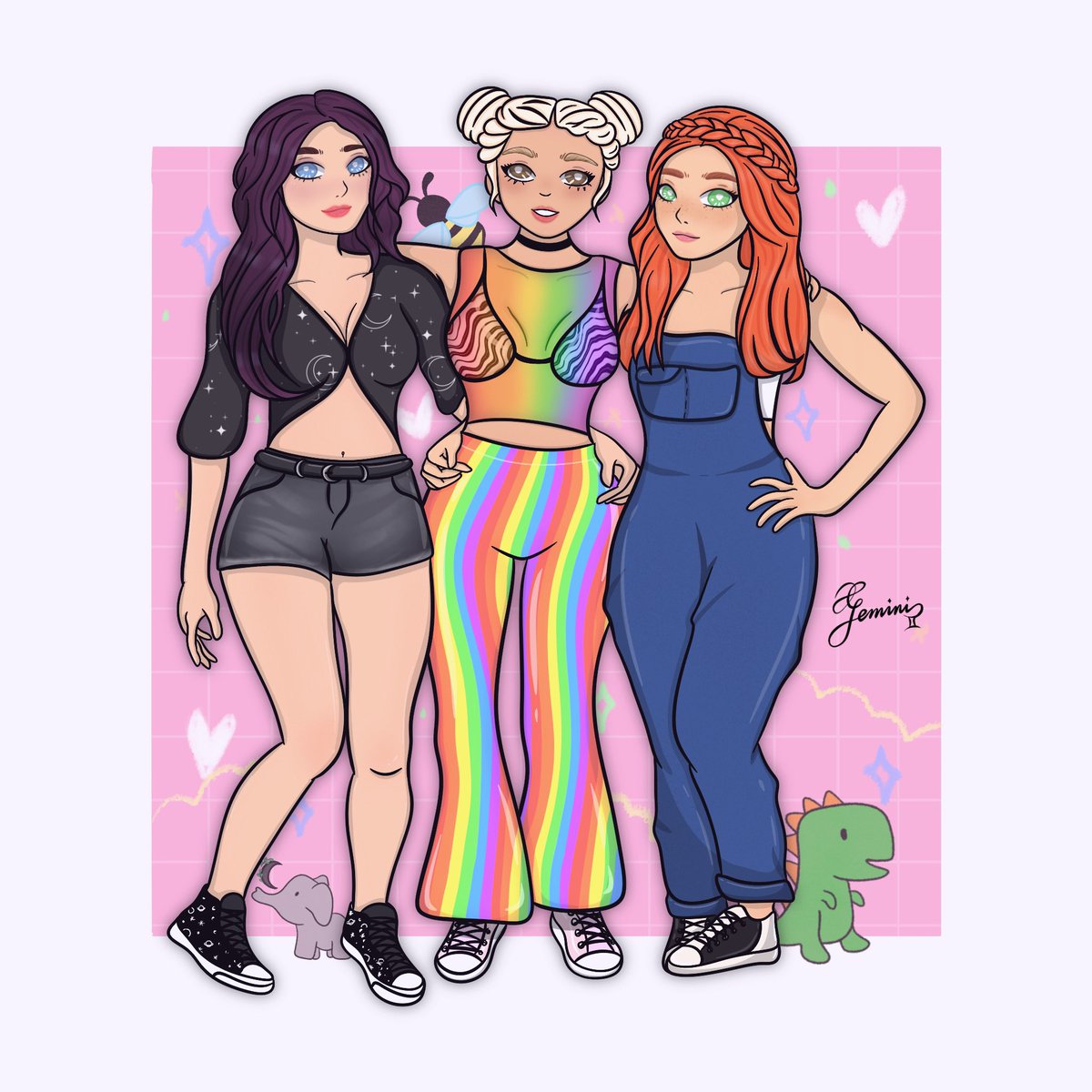 Drew art of The girls! Etta🐘🌜, Kiki🐝, and Shirley🦖 FanArt #fanart #nopixel #nopixelfanart <a href="/AmRainbowBee/">Corrin</a> @FaeryAbsinthe <a href="/RayforRachel/">RayforRachel 🦖🪴🦕</a>