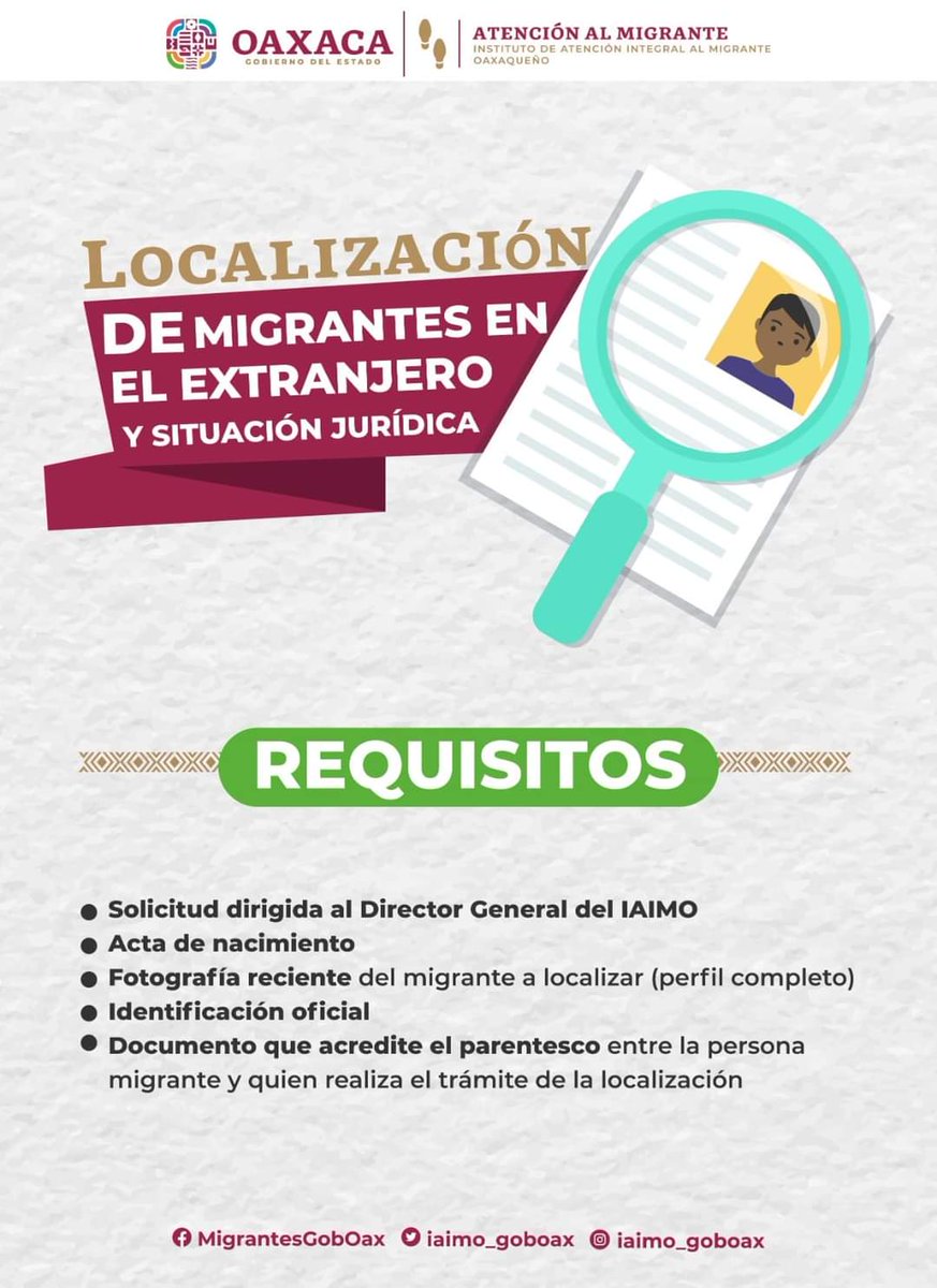 IAIMO_GobOax's tweet photo. 📢📢Conoce la Asesoría para la localización y situación jurídica de migrantes del #IAIMO la cual busca brindar orientación y acompañamiento legal a las familias para conocer la situación jurídica de connacionales que migran y no han sido localizados durante su transito a EUA. https://t.co/JOyiLbW7RX