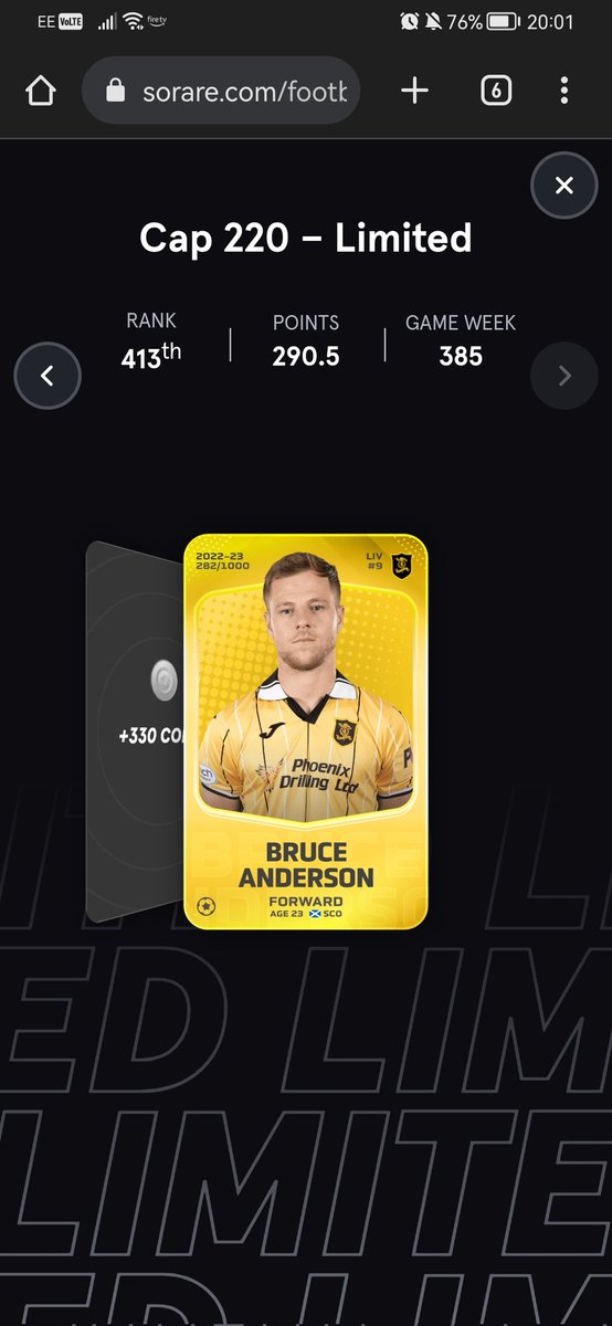 breeman84's tweet photo. After winning this card tonight I have now become a Livingstone fan for the foreseeable future! #Sorare #bruceanderson #livingstone #goalmachine https://t.co/VwUdoEijiH