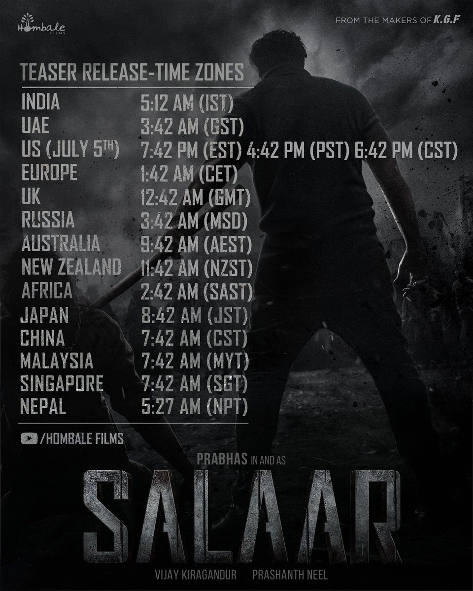 The clock is ticking and excitement is building ⏰
#SalaarTeaser drops in the next 24 hours. Make sure your timers are set, no matter where you are. 🌎

#Salaar Teaser out tomorrow at 5:12 AM IST on bit.ly/HombaleFilms