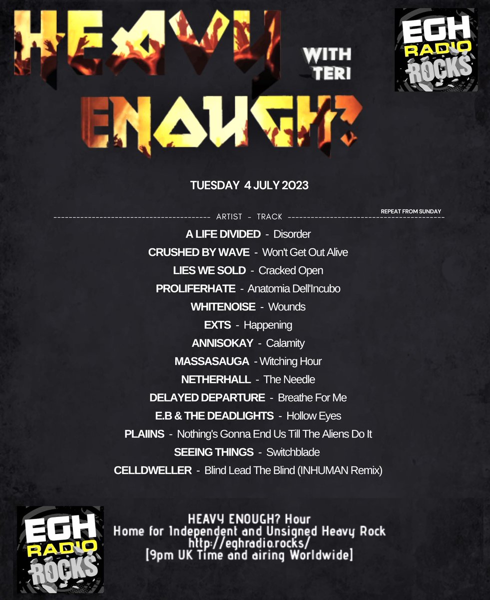 HeavyEnough Hour with Teri (@musicmatterstee) on Twitter photo Today 9pmUK airing worldwide #tunein <a href="/EGHRocks/">EGH Radio Rocks</a> #HeavyEnough
#ListenHere eghradio.rocks/player_stream/
will play the new bangers from-
<a href="/a_life_divided/">A Life Divided</a>
<a href="/crushedbywaves/">Crushed By Waves</a>
#LiesWeSold
<a href="/Proliferhate/">Proliferhate</a>
#whitenoise
<a href="/Exts_Band/">EXTS_band</a>
<a href="/annisokay/">Annisokay</a>
-more to follow #NewMusicAlert
ℹ️ facebook.com/HeavyEnoughHou… Today 9pmUK airing worldwide #tunein <a href="/EGHRocks/">EGH Radio Rocks</a> #HeavyEnough
#ListenHere eghradio.rocks/player_stream/
will play the new bangers from-
<a href="/a_life_divided/">A Life Divided</a>
<a href="/crushedbywaves/">Crushed By Waves</a>
#LiesWeSold
<a href="/Proliferhate/">Proliferhate</a>
#whitenoise
<a href="/Exts_Band/">EXTS_band</a>
<a href="/annisokay/">Annisokay</a>
-more to follow #NewMusicAlert
ℹ️ facebook.com/HeavyEnoughHou…