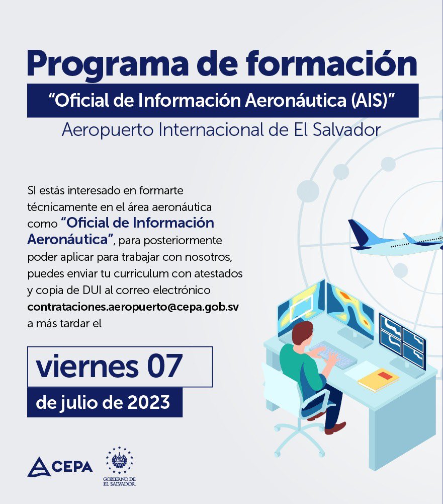 CEPASV's tweet image. ¿Te interesa la aviación?

Esta es tu oportunidad para participar en el programa de formación como Oficial de Información Aeronáutica (AIS). ✈️🇸🇻

Conoce los requisitos y pasos para aplicar. ⬇️⬇️