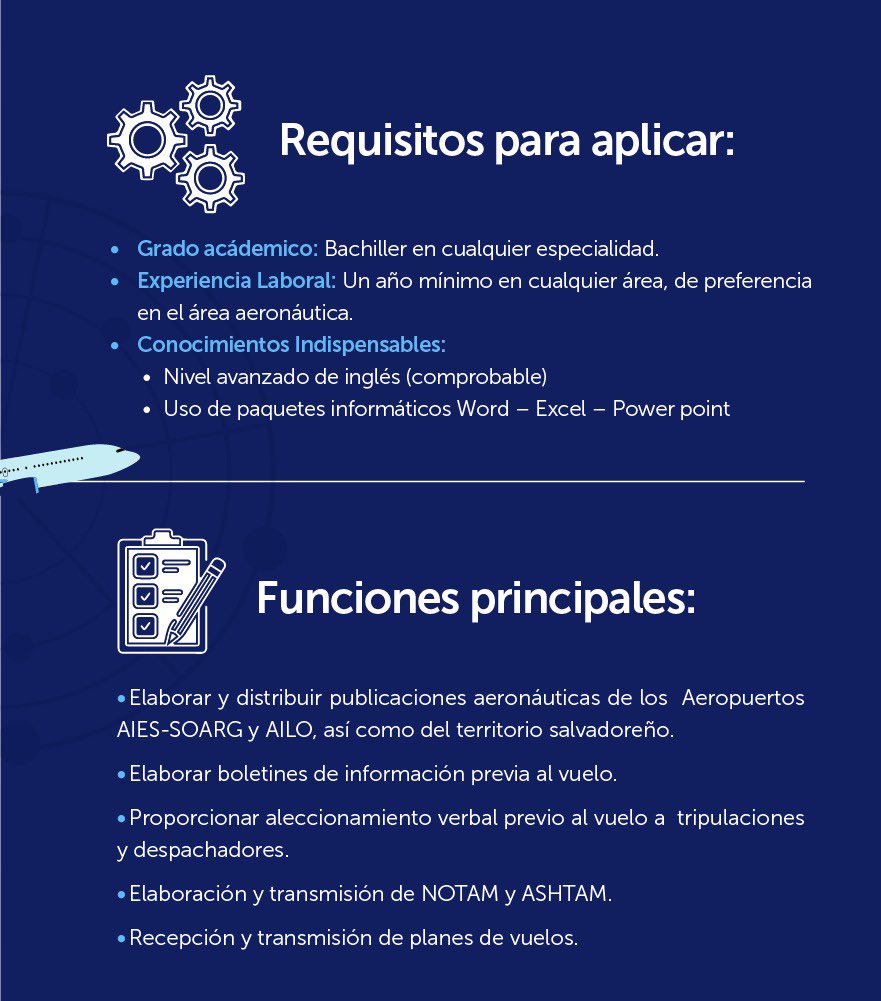 CEPASV's tweet image. ¿Te interesa la aviación?

Esta es tu oportunidad para participar en el programa de formación como Oficial de Información Aeronáutica (AIS). ✈️🇸🇻

Conoce los requisitos y pasos para aplicar. ⬇️⬇️