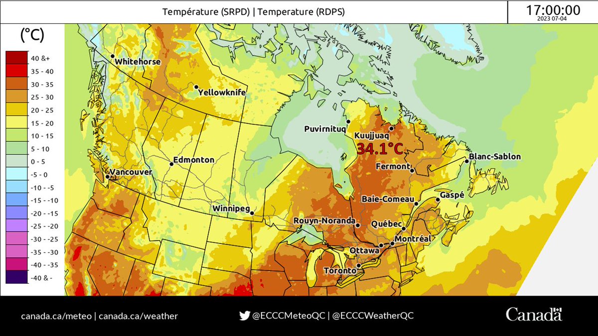 ECCCMeteoQC's tweet image. 🌡️ ☀️ Kuujjuaq est actuellement l&apos;endroit le plus chaud au Canada avec une température de 34,1°C! Cette valeur représente un écart de 18 degrés par rapport au maximum moyen un 4 juillet. Tout près, à Salluit, il fait présentement 2°C 😉
#MeteoQC #Kuujjuaq