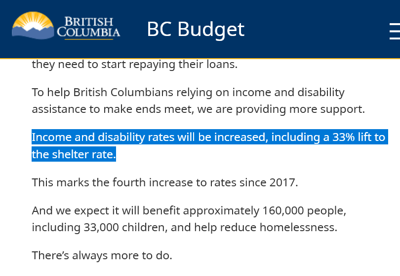 dugchugger's tweet photo. Back in Feb BC's Finance Minster @KatrineConroy publicly announced a pending increase to shelter allowance in July of 33% for ppl on income/disability assistance. Today the @bcndp went back on their word quietly telling ppl via MySelfServe the increase is only actually 22%. https://t.co/qFN07iQa2z