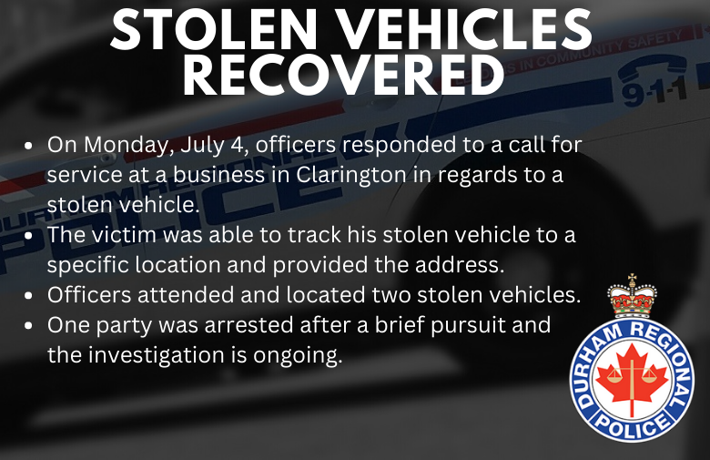 DRPS's tweet photo. Officers from @DRPSEastDiv  responded to call regarding a stolen vehicle tracking at a location in Clarington. Two stolen vehicles were recovered and one party was arrested. The investigation continues. 

Vehicle theft prevention tips:
https://t.co/M8imJFb2yd https://t.co/Jpj3Qbv75L
