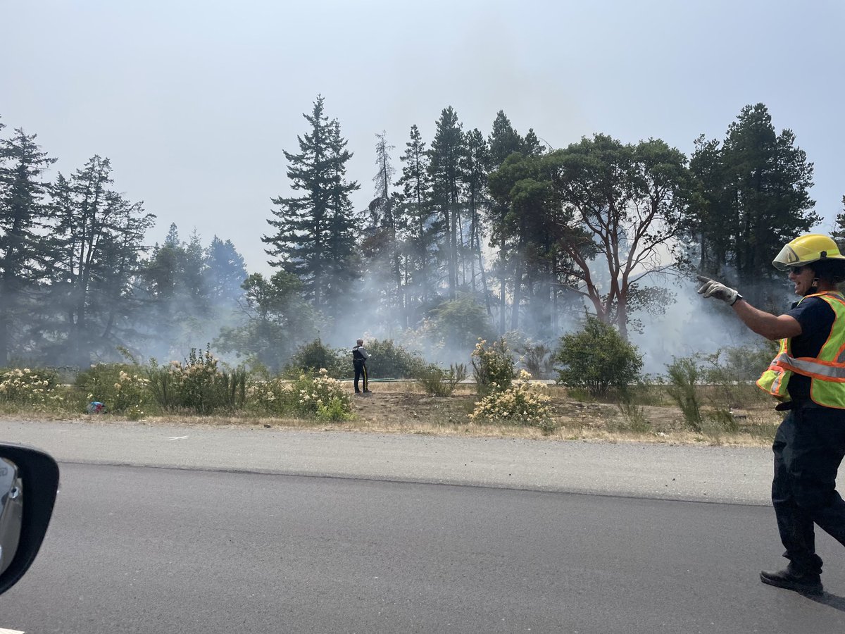 Brush fire on the West side of Hwy 19 in Nanaimo just south of Northfield Road. Wonderful to see so many ⁦<a href="/NanaimoFire/">Nanaimo Fire Rescue</a>⁩ ⁦<a href="/NanaimoRCMP/">Nanaimo RCMP</a>⁩ on hand keeping us safe. ⁦<a href="/DriveBC/">DriveBC</a>⁩