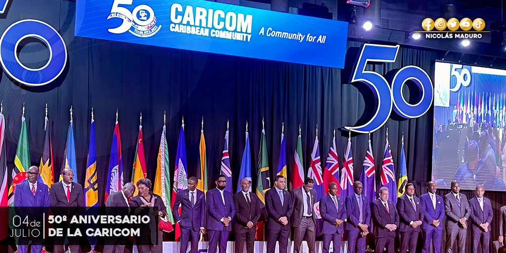 NicolasMaduro's tweet photo. En el 50° Aniversario de la Comunidad del Caribe (Caricom), Venezuela saluda a los países miembros, reiterando el compromiso que debemos asumir en estos tiempos que exigen mayor cooperación regional para garantizar el desarrollo y el bienestar de nuestros pueblos. ¡Unión y más unión!