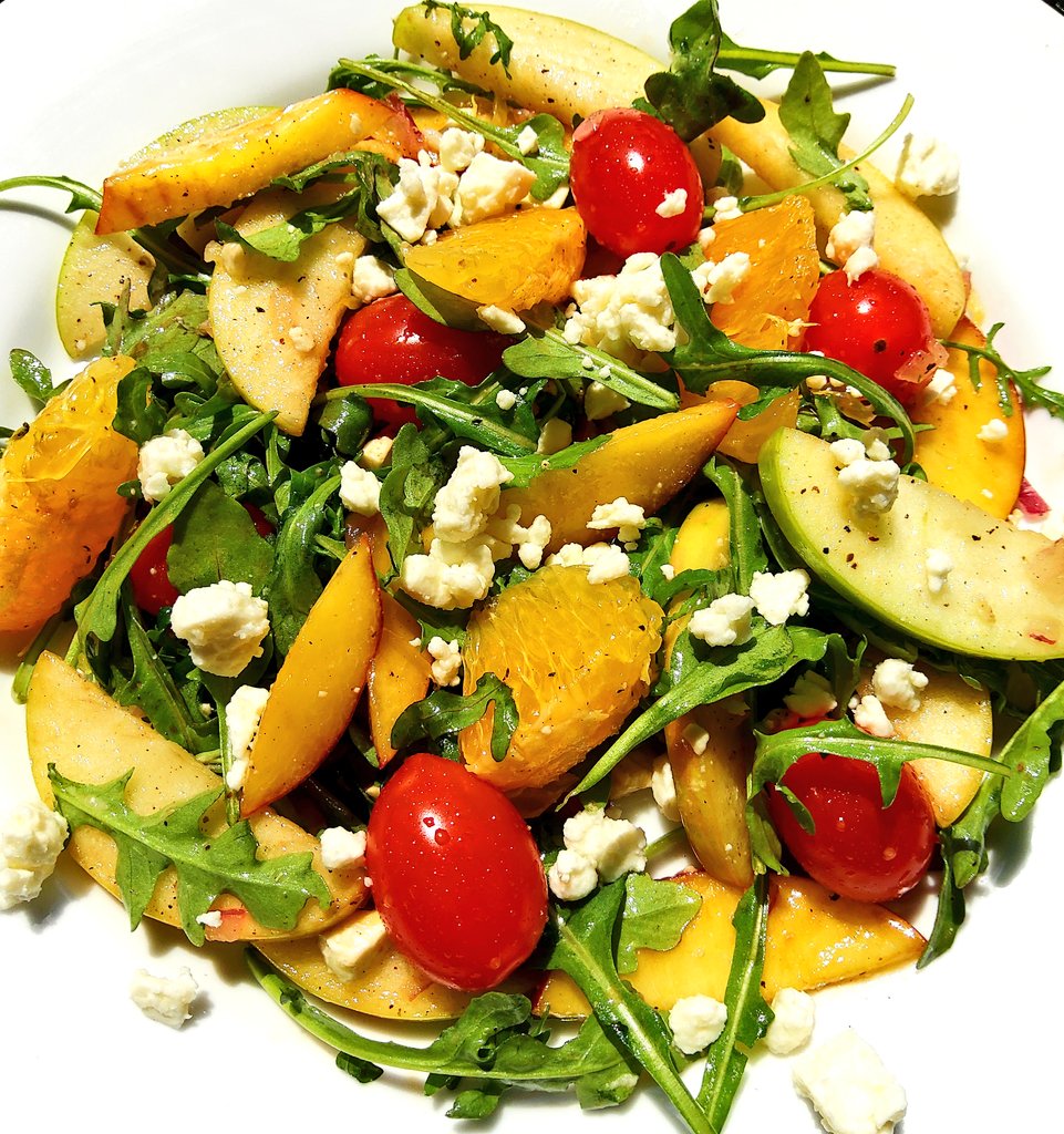 Another summer salad! 
Yellow and green apples, apricot, orange, cherry tomatoes mixed with baby arugula, served with orange and lime vinaigrette, topped with crumbled feta cheese.
#Salad
#SummerSalads
#HealthyFood 
#HealthyEating 
#HealthyHabits  
#foodporn
#foodpictures