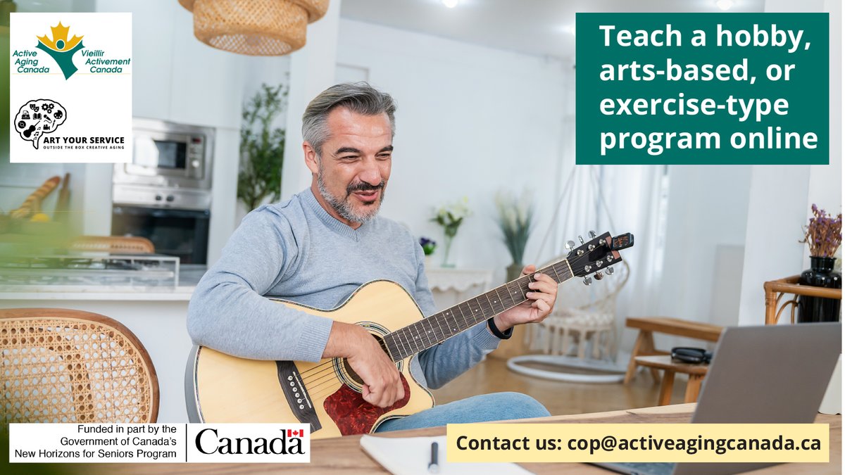 Active Aging Canada and <a href="/artyourservice/">Art Your Service</a> are pleased to partner on a project to increase the number of older adults leading online recreational programming. 

Funded in part by the Government of Canada’s New Horizon for Seniors Program we are seeking to hire 65y+ instructors👇: