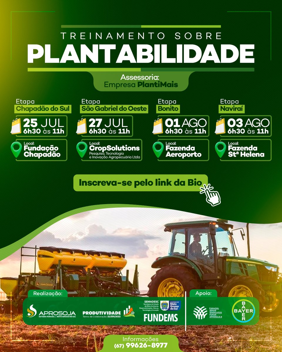 Aprosojams's tweet photo. 🌱 O treinamento tem o objetivo de estimular melhores resultados para a próxima safra de soja, por meio da manutenção preventiva de semeadoras e técnicas de plantio.

👉 Gratuitos, os eventos disponibilizarão 50 vagas em cada cidade.

✅ Inscreva-se através do nosso site. https://t.co/FiMip20Rla