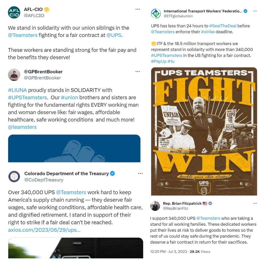 AMERICA — AND WORKERS AROUND THE WORLD — STAND WITH UPS TEAMSTERS

Over the last few days, hundreds of elected officials and unions throughout the labor movement have put out statements of solidarity with #Teamsters at <a href="/UPS/">UPS</a>...
#1u #HotUnionSummer