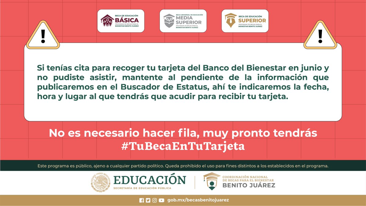 BecasBenito's tweet photo. 🚨𝗔𝗩𝗜𝗦𝗢 𝗜𝗠𝗣𝗢𝗥𝗧𝗔𝗡𝗧𝗘🚨

Becaria y becario, si tenías que recoger tu tarjeta del @bancobienestar en junio y no pudiste asistir...

Mantente al pendiente del #BuscadorDeEstatus en https://t.co/nXg1wSnxCT

¡Pronto tendrás tu tarjeta y tu beca! 💳 https://t.co/1ZFIEdUSI5