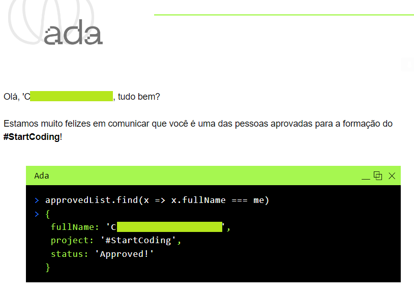 naiadeivy's tweet image. É isso, tem aluna do 1º semestre empregada SIM! Há umas semanas fui informada que passei no processo seletivo #startcoding da Ada Tech, e hoje assinei o último doc que faltava na empresa. Na próxima segunda começo minha carreira como dev, oficialmente 💜 #bolhadev #studytechbr