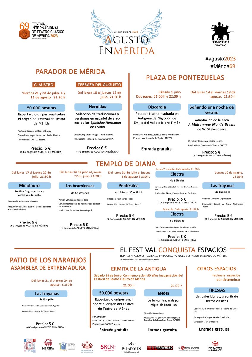 Ayuntamiento de Mérida (@ayto_merida) on Twitter photo 🎭 Por decimocuarto verano consecutivo se desarrollará el programa 'Agusto en Mérida', dirigido por <a href="/TAPTCteatro/">TAPTC teatro</a>, un conjunto de intervenciones escénicas en lugares emblemáticos de nuestra ciudad <a href="/Festival_Merida/">Festival Internacional de Teatro Clásico de Mérida</a> #agusto2023 #Mérida69
Venta de entradas 👉taptcteatro.com 🎭 Por decimocuarto verano consecutivo se desarrollará el programa 'Agusto en Mérida', dirigido por <a href="/TAPTCteatro/">TAPTC teatro</a>, un conjunto de intervenciones escénicas en lugares emblemáticos de nuestra ciudad <a href="/Festival_Merida/">Festival Internacional de Teatro Clásico de Mérida</a> #agusto2023 #Mérida69
Venta de entradas 👉taptcteatro.com