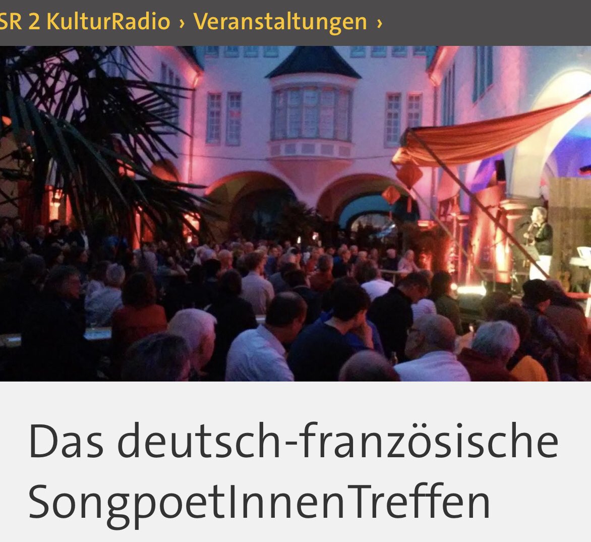 14./15./16.7. SAARBRÜCKEN, STADTGALERIE Innenhof -> deutsch-französisches Songpoetentreffen 
Johanna Zeul, Matmatah (laut und leise), Namika &amp; Zaz, Antoine Villoutreix, Zaz, Mathilde Kaori und die Teilnehmerinnen von "Chanson trifft Lied", Yves Montand, Miriam Hanika u.v.m.