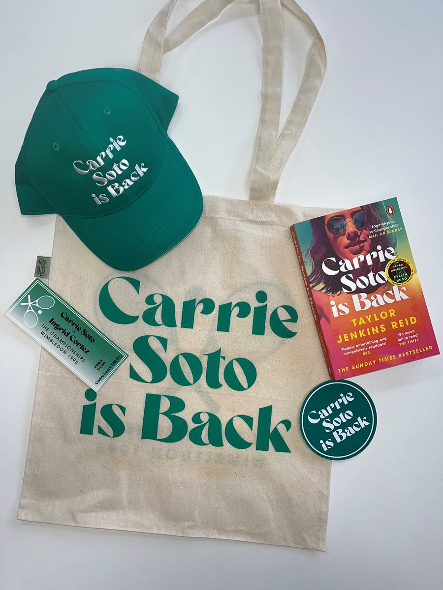 HutchHeinemann's tweet photo. 🎾WIN A SET OF CARRIE SOTO MERCH! 🎾To celebrate the paperback release of #CarrieSotoIsBack, we're giving away 2 sets (no pun intended) of limited edition merchandise. Follow us and retweet to enter and comment your favourite TJR character for an extra entry! https://t.co/uHIhKY8L90