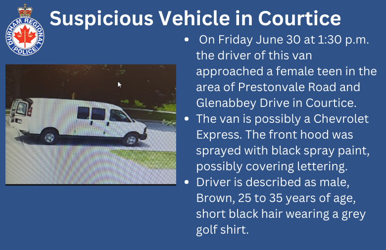 DRPS's tweet photo. Police are looking to speak with the driver of this van after he approached a teen in Courtice. Anyone with info is asked to contact D/Cst. Duguay of the East Division Criminal Investigations Bureau at 1-888-579-1520 ext.1642. https://t.co/9TEgEtr59z