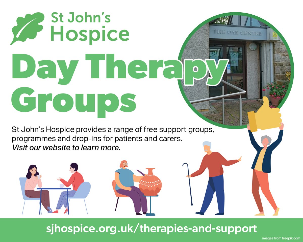 SJHospice's tweet photo. Did you know that St John's Hospice offers a range of free #DayTherapy Groups to support #patients and #carers?
Visit https://t.co/Xzot4KG7KE to find out more and learn how to get a referral. https://t.co/MM2pIyvl0K