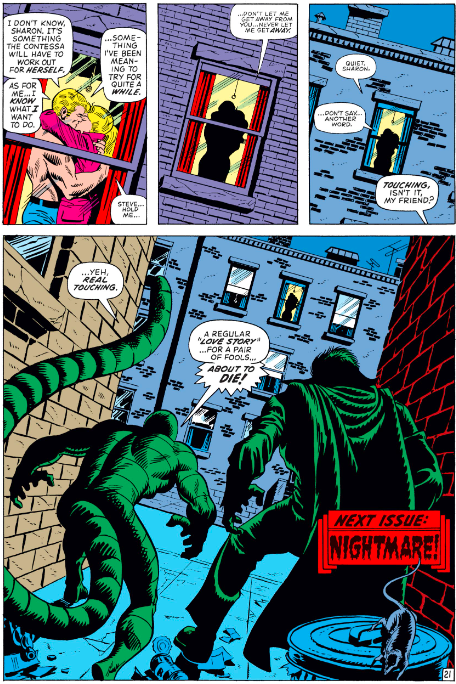 MarvelADay's tweet photo. #MarvelADay #Cap150 A touching scene as Cap and Sharon are reunited. She tells him about Val's feelings, but Cap knows what Cap wants! However, our lovebirds are unaware that they are being watched from the shadows! It's Scorpion and Mr. Hyde up next! - VA https://t.co/HHgSOoxdxE