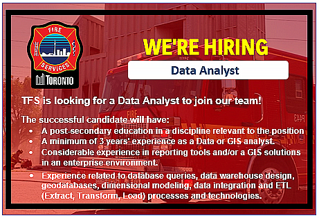 Toronto_Fire's tweet photo. We're now hiring for a Data Analyst in our Business Analytics and Decision Support Division. The current job posting is open until July 14, 2023. To review the full position details, minimum qualifications and to apply visit: https://t.co/LWBcoPZCIM https://t.co/aRl6HBhAwo