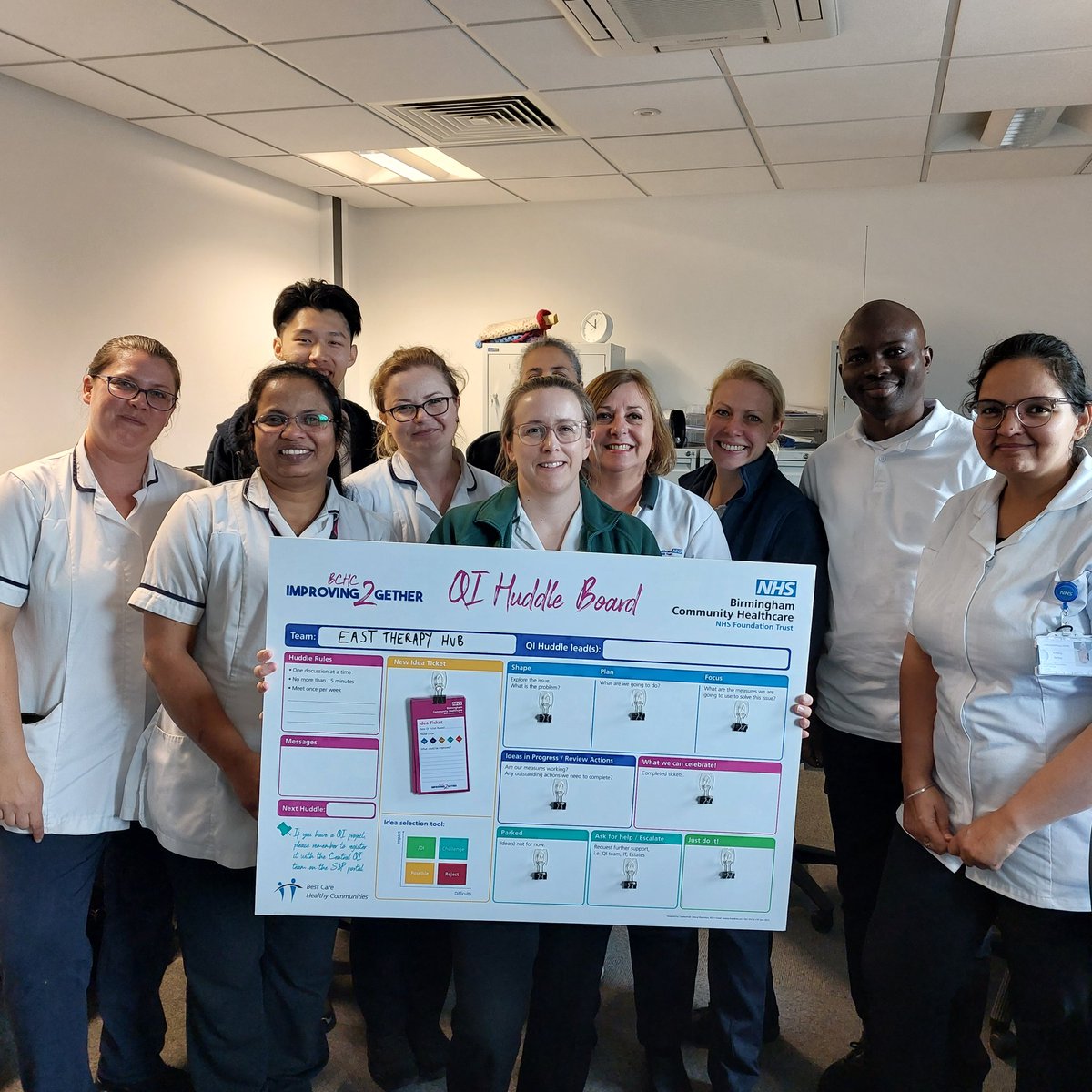 Delighted to issue East Therapy Hub their QI huddle board this morning! Really good to learn about some of their fantastic ideas using a QI approach #qualityimprovement #changeagents #qihuddles @bhamcommunity