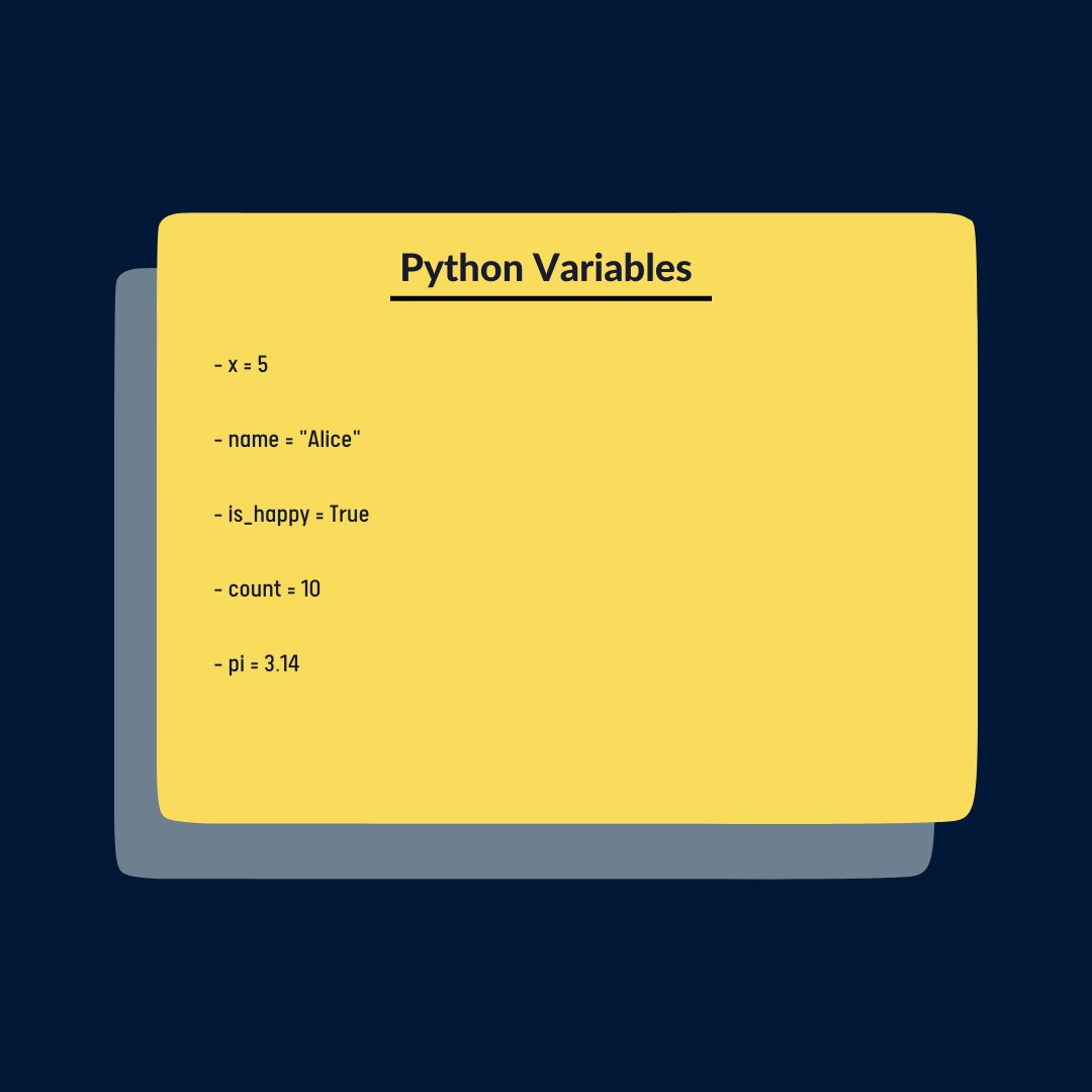 savagecamp3's tweet image. Apologies for missing the variables example. Here's the modified version:
Variables:
Unlock the power of variables in Python and store and manipulate data with flexibility.
.
.
.
.
.
.
.
.
#pythonvariables #datastorage #datamanipulation #learnpython #codebeginner #programmingcon