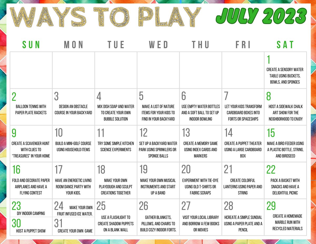 InnerChildFun's tweet image. Play Ideas for July Printable Calendar - Grab the printable version here --&amp;gt; shop.innerchildfun.com/b/DecjS #parenting #playmatters #creativeplay #boredombusters #kidsactivities