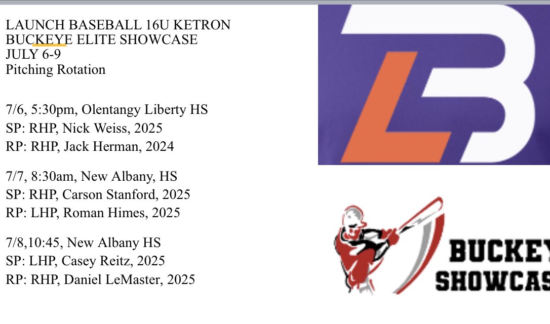 LaunchBaseball2025 (@launchbsbl2025) on Twitter photo Pitching Rotation for <a href="/BuckeyeElite/">Buckeye Elite</a>
7/6, 5:30, Liberty HS
SP: 2025 <a href="/NickWei213/">Nick Weiss</a>
RP: 2024 <a href="/Jackpitch8/">Jack Herman</a>
7/7, 8:30, New Albany HS
SP: 2025 <a href="/stanford_carson/">Carson Stanford</a>
RP: 2025 <a href="/roman_himes/">Roman Himes</a>
7/7, 10:45, New Albany HS
SP: 2025, <a href="/caseyreitz14/">Casey Reitz</a>
RP: 2025, <a href="/Dan_LeMaster7/">Daniel LeMaster</a> Pitching Rotation for <a href="/BuckeyeElite/">Buckeye Elite</a>
7/6, 5:30, Liberty HS
SP: 2025 <a href="/NickWei213/">Nick Weiss</a>
RP: 2024 <a href="/Jackpitch8/">Jack Herman</a>
7/7, 8:30, New Albany HS
SP: 2025 <a href="/stanford_carson/">Carson Stanford</a>
RP: 2025 <a href="/roman_himes/">Roman Himes</a>
7/7, 10:45, New Albany HS
SP: 2025, <a href="/caseyreitz14/">Casey Reitz</a>
RP: 2025, <a href="/Dan_LeMaster7/">Daniel LeMaster</a>