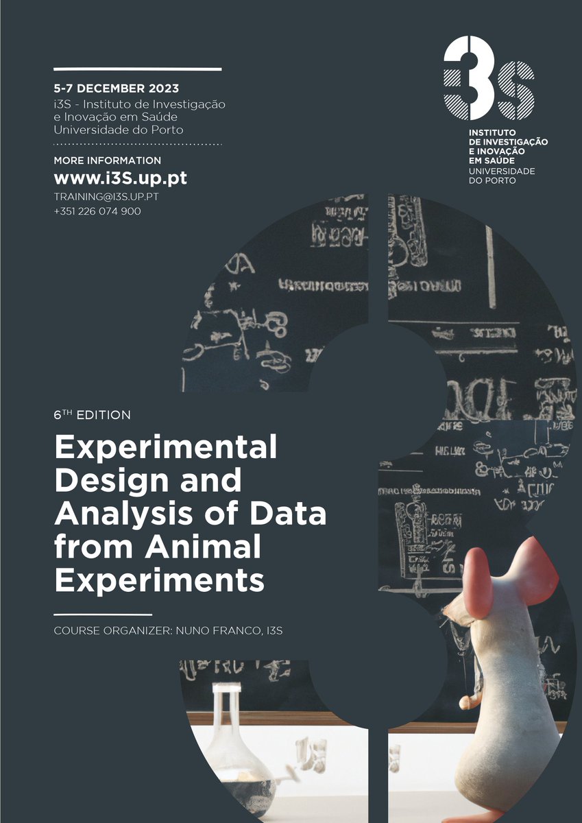 Nuno Henrique Franco (@nuno_h_franco) on Twitter photo *PLEASE SHARE*
6th edition of <a href="/i3S_UPorto/">i3S-Instituto de Investigação e Inovação em Saúde</a> 3-day course on "Experimental Design and Analysis of Data from Animal Experiments"
Aims: To improve the reliability and reproducibility of animal studies, avoid waste, and further the #3Rs.
5-7th Dec 2023
i3s.up.pt/training-detai… *PLEASE SHARE*
6th edition of <a href="/i3S_UPorto/">i3S-Instituto de Investigação e Inovação em Saúde</a> 3-day course on "Experimental Design and Analysis of Data from Animal Experiments"
Aims: To improve the reliability and reproducibility of animal studies, avoid waste, and further the #3Rs.
5-7th Dec 2023
i3s.up.pt/training-detai…