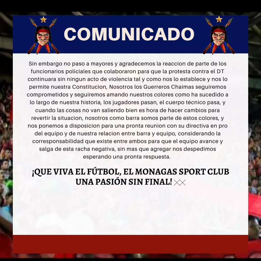GuerrerosChaima's tweet photo. Señores directivos Monagas Sport Club, sro Presidente Nicolás Fernández y a cualquier otro medio a quien le pueda interesar; el presente comunicado es con el objetivo de salir adelante respecto a lo sucedido el día domingo 02-07-2023, dónde no es la primera vez que nuestra barra https://t.co/nM1Li68bUl