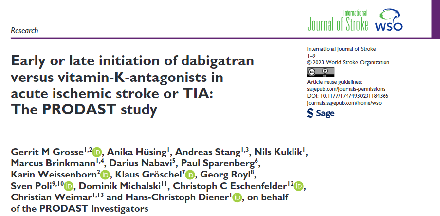 gerritgrosse's tweet photo. The first analysis of the multicenter PRODAST study is now online OA! Early application of dabigatran after stroke ist likely safer than vit. K antagonists with regards to hemorrhagic complications, especially ICH. @unidue @MHH_life @IntJStroke
@WorldStrokeOrg @ESOstroke https://t.co/P4LHQzvGx4