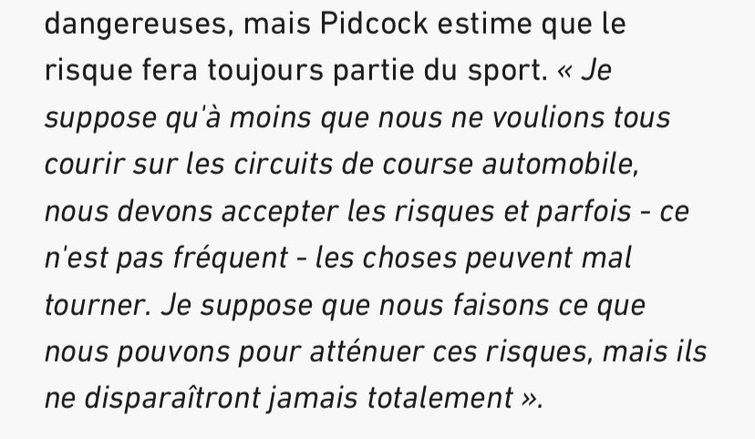 Pas sûr que se soit moins risqué de rouler sur les circuits de course automobile ! Effectivement il y aura toujours des chutes quelque soit le circuit <a href="/tompidcock/">Tom Pidcock</a> 😭