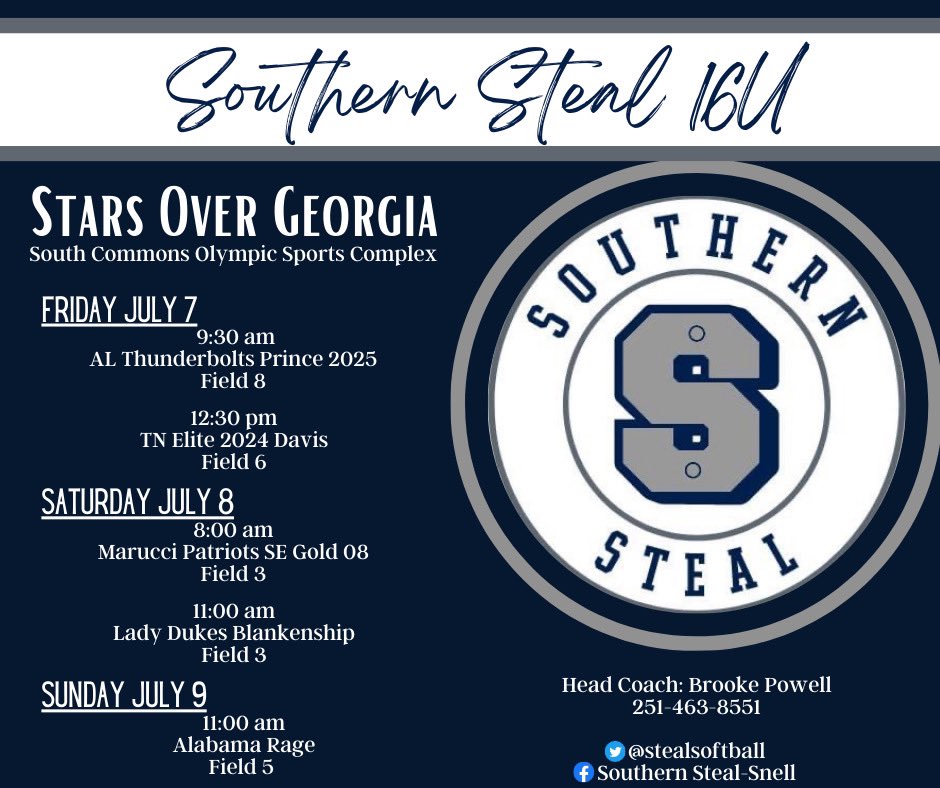 Ella Houston (@ella_houston10) on Twitter photo Can’t wait to be back on the field in Columbus this weekend at Stars Over Georgia!! Come check us out!!
<a href="/lbpowell12/">Brooke Powell</a> <a href="/stealsoftball/">Southern Steal Softball</a> <a href="/CoachOAllZones/">AllZonesFastpitch</a> Can’t wait to be back on the field in Columbus this weekend at Stars Over Georgia!! Come check us out!!
<a href="/lbpowell12/">Brooke Powell</a> <a href="/stealsoftball/">Southern Steal Softball</a> <a href="/CoachOAllZones/">AllZonesFastpitch</a>