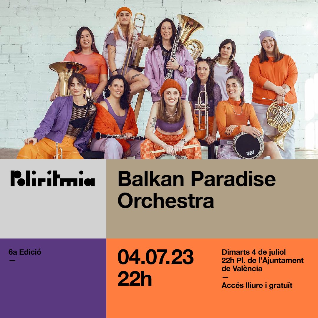 Hui tornem a la plaça!

<a href="/balkanparadise_/">Balkan Paradise Orch</a> estrena al festival Polirítmia ‘Catarsis’, el seu nou espectacle: alliberació emocional a través de la música

➡️ Un festival amb el millor de la música i les danses de la Mediterrània 

📲poliritmia.ivc.gva.es